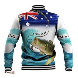Personalised Australia Fishing Baseball Jacket Barramundi With Ocean Waves Flag Grunge Style