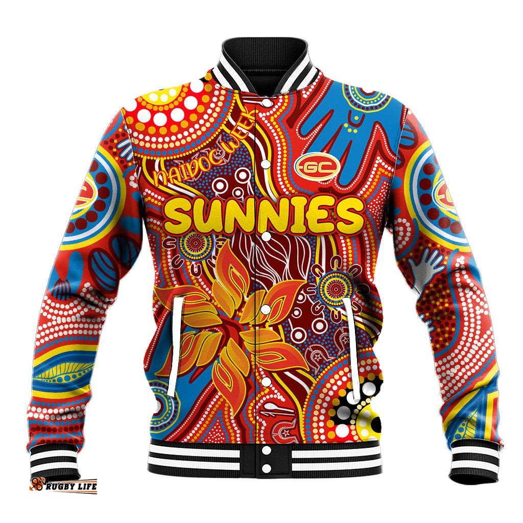 Personalised NAIDOC Week 2024 Gold Coast Suns Baseball Jacket Australian Aboriginal Hand Painting DT02