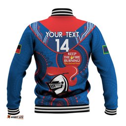Custom NRL Knights NAIDOC Week Baseball Jacket Keep The Fire Burning Indigenous Art