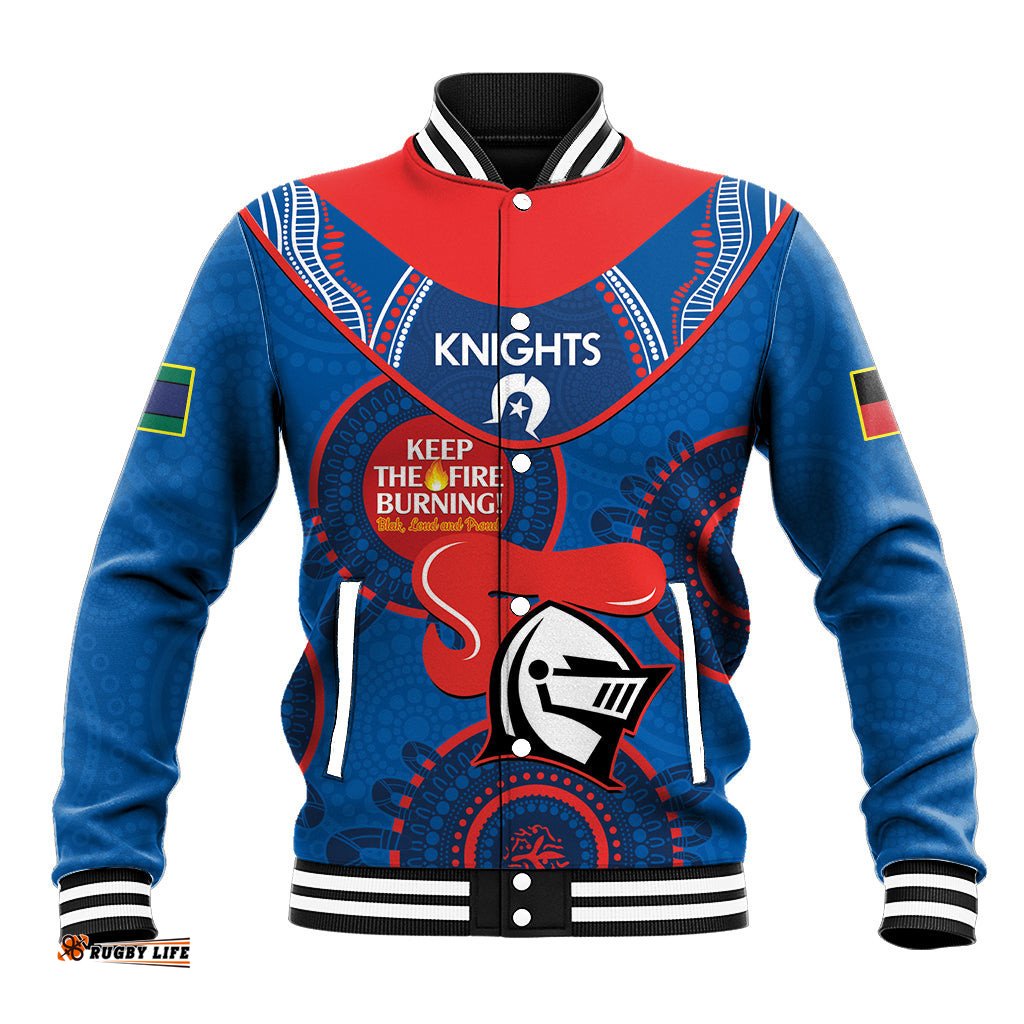 Custom NRL Knights NAIDOC Week Baseball Jacket Keep The Fire Burning Indigenous Art