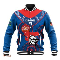 Custom NRL Knights NAIDOC Week Baseball Jacket Keep The Fire Burning Indigenous Art