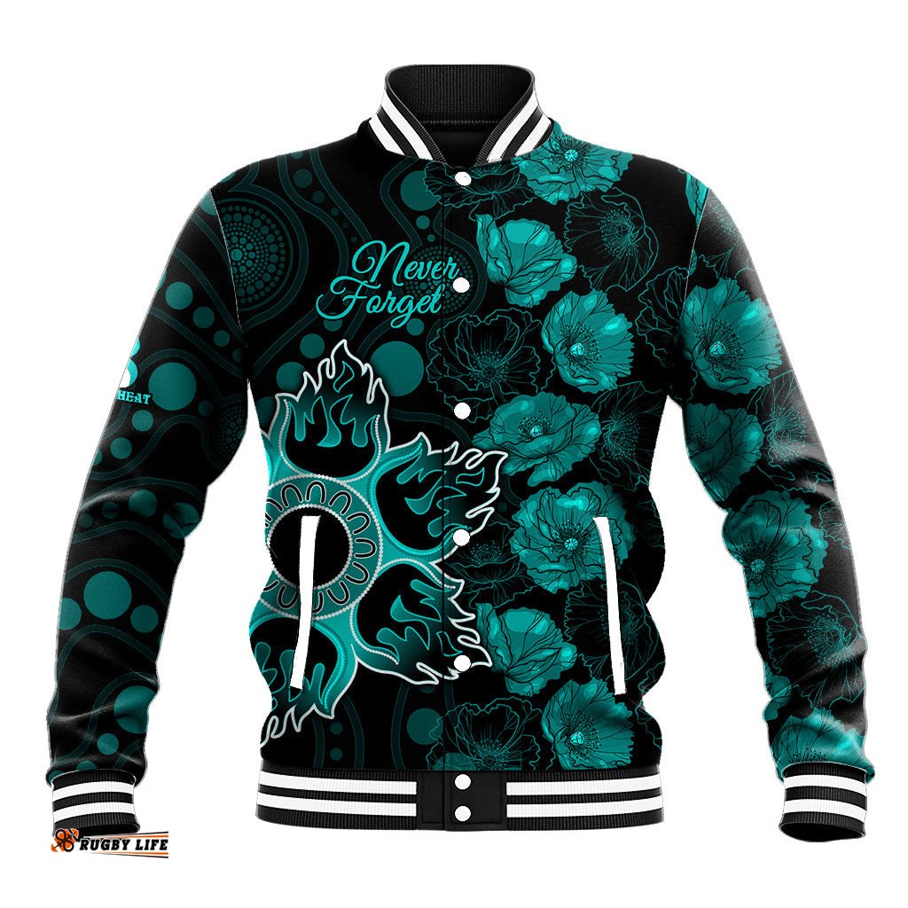 Heat Cricket Never Forget Custom Baseball Jacket ANZAC Day with Poppy Aboriginal