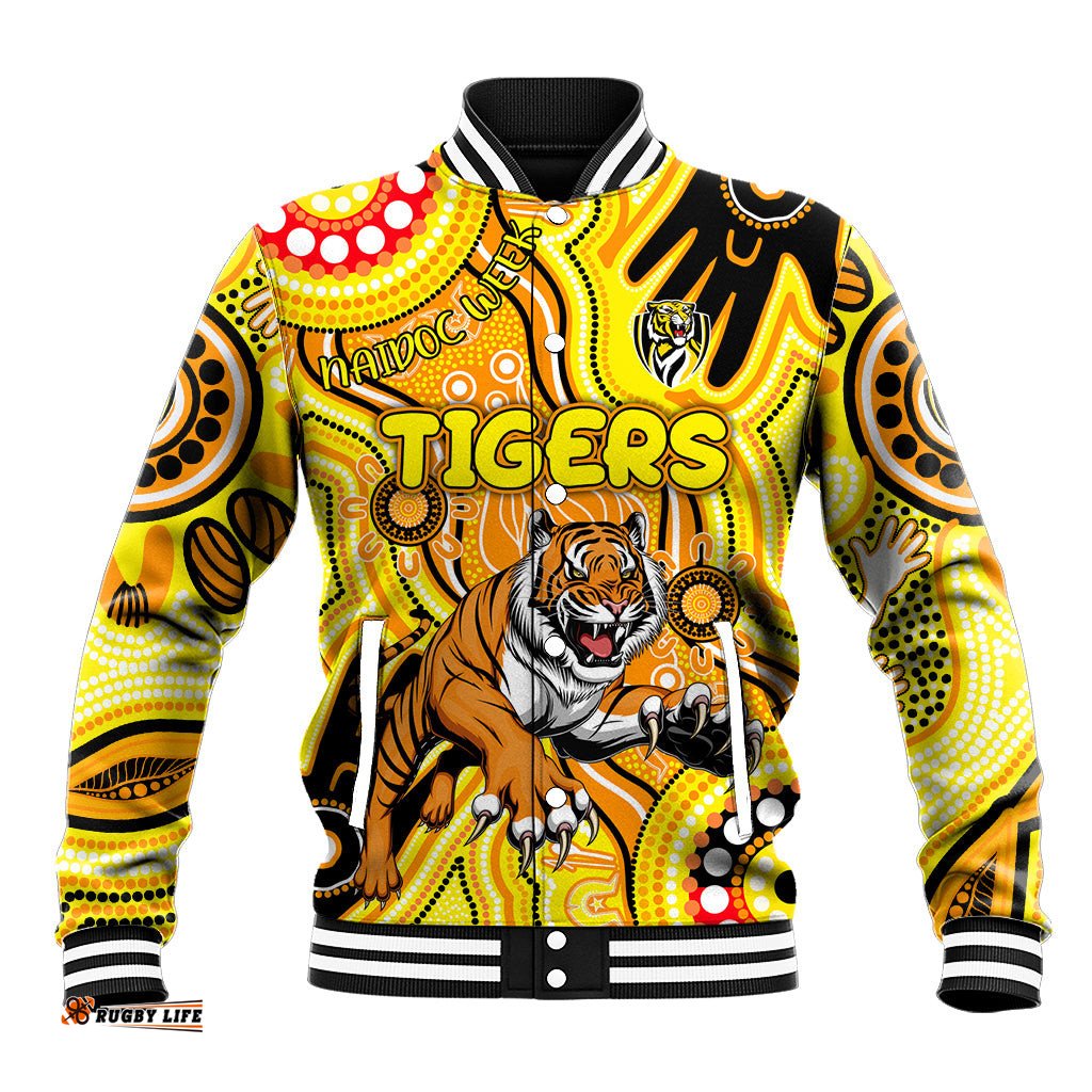 Personalised NAIDOC Week 2024 Richmond Tiger Baseball Jacket Australian Aboriginal Hand Painting DT02