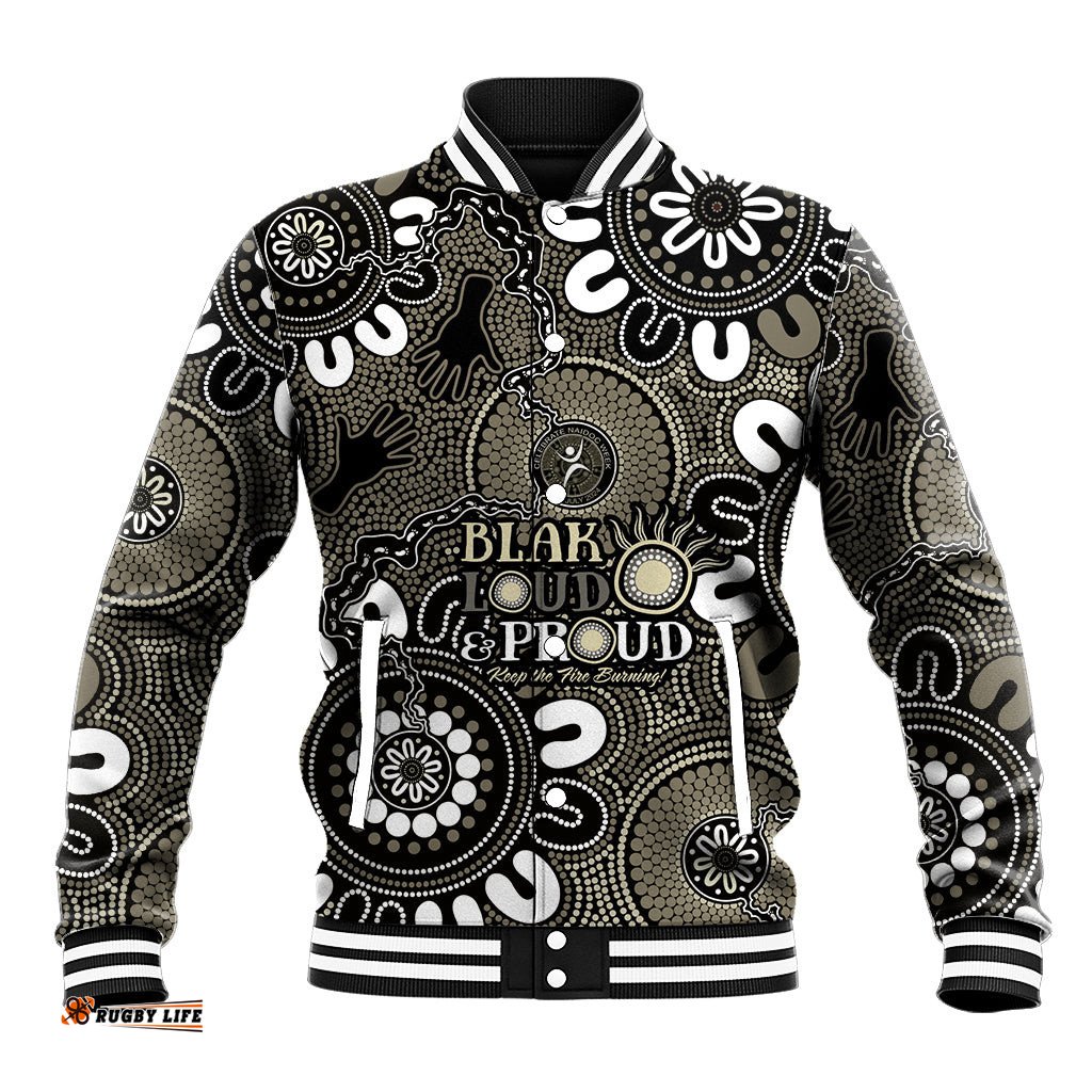 NAIDOC Week 2024 Fire Burning Baseball Jacket Aboriginal Dots Black Art