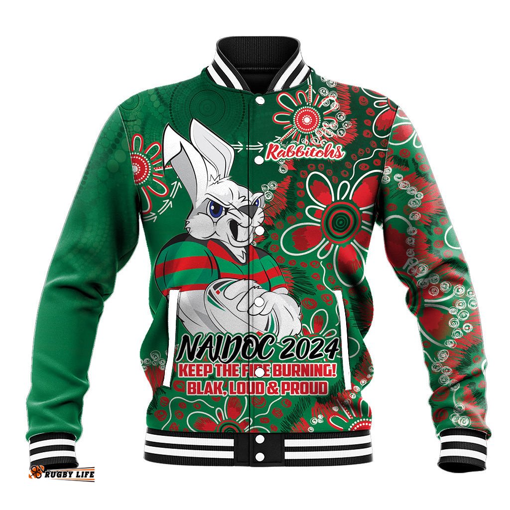 Personalised Rabbitohs NAIDOC Week 2024 Baseball Jacket Aboriginal Fire Burning Sparks