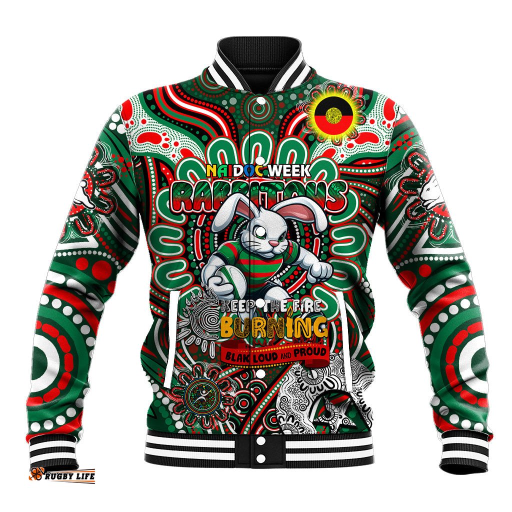 Custom NAIDOC Week 2024 Rabbitohs Baseball Jacket Mascot Rugby DT02