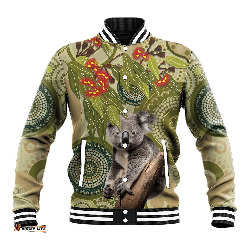 Aboriginal Koala Art Painting With Gum Blossom Baseball Jacket