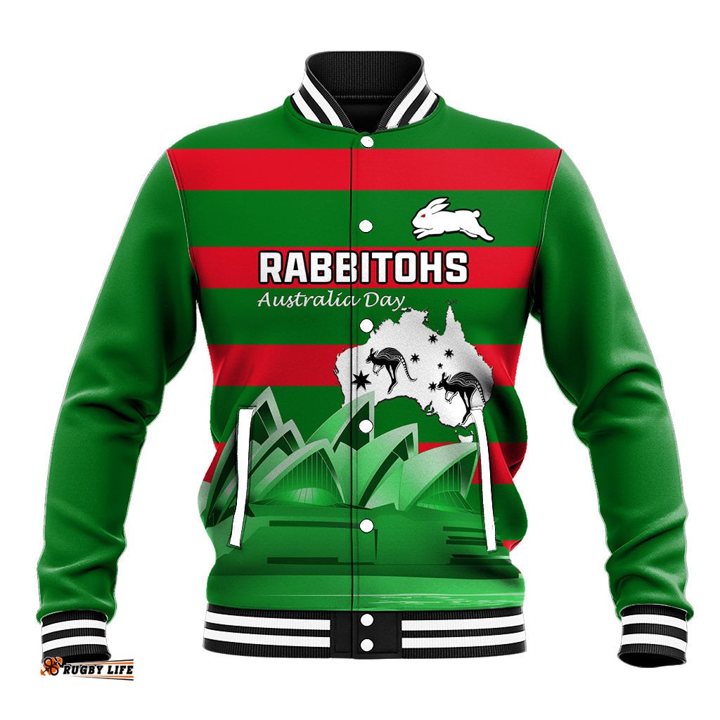 Custom Australia Day Rabbitohs Baseball Jacket NRL 2024 Sydney Opera House With Map