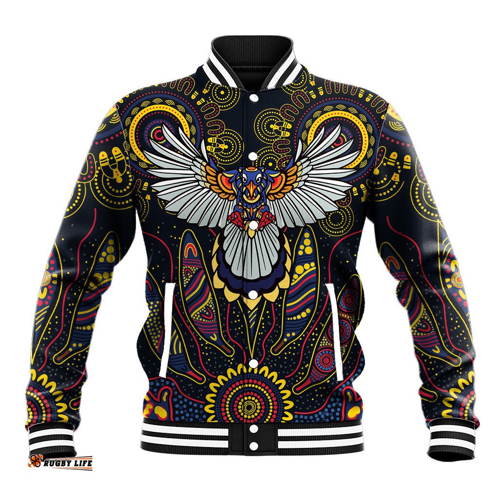 Custom Adelaide Football Baseball Jacket With Crow Aboriginal Art Style