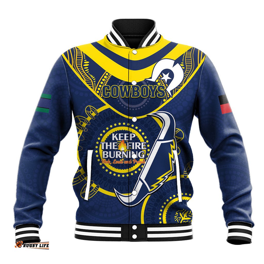 Custom NRL Cowboys NAIDOC Week Baseball Jacket Keep The Fire Burning Indigenous Art