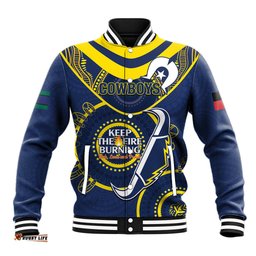 Custom NRL Cowboys NAIDOC Week Baseball Jacket Keep The Fire Burning Indigenous Art