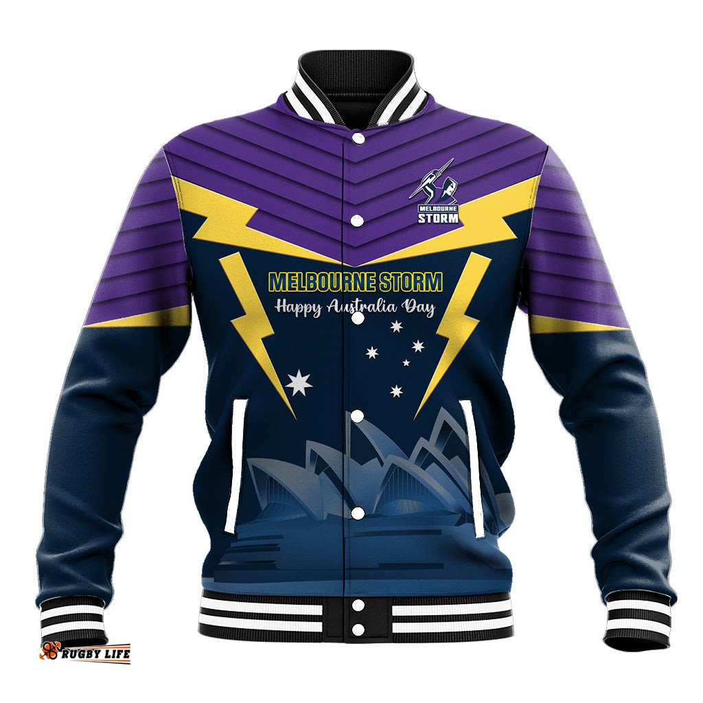 Custom Australia Day Storm Baseball Jacket NRL 2024 Sydney Opera House With Map