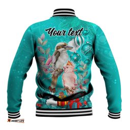 Personalised Kookaburra and Cockatoo Baseball Jacket Australia Merry Christmas Aboriginal Teal Style