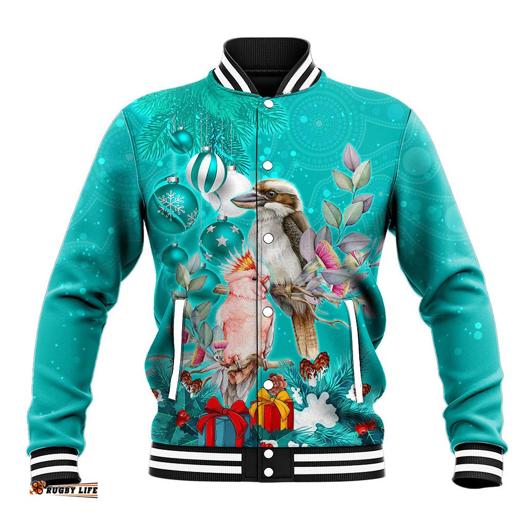 Personalised Kookaburra and Cockatoo Baseball Jacket Australia Merry Christmas Aboriginal Teal Style