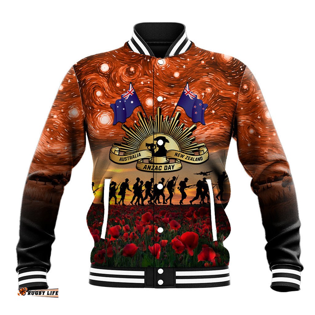 The Rising Sun Badge ANZAC Baseball Jacket Last Post Field of Poppy Starry Night Style