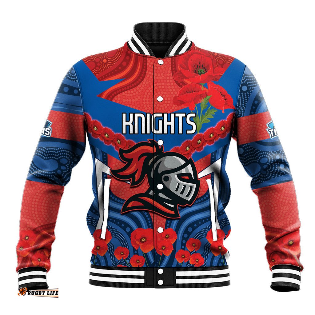 Custom Knights Rugby ANZAC Baseball Jacket Novocastrians Gallipoli Soldier With Aboriginal Art