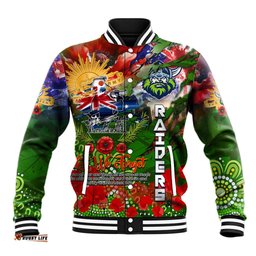 Personalised Australia Rugby Raiders ANZAC Baseball Jacket Canberra Scratch Style DT02