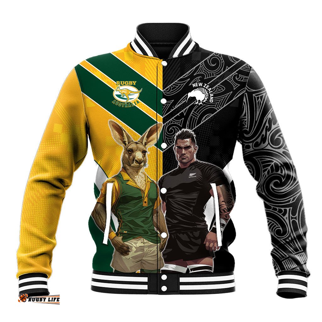 Custom New Zealand and Australia Rugby Baseball Jacket Kangroo and Maori Warrior Together