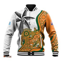 Custom Fiji And Australia Rugby Baseball Jacket Fijian Palm Tree Mix Aussie Kangaroo