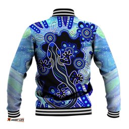 Australia Baseball Jacket Aussie Opal Pattern With Lizard Aboriginal Art - Turquoise