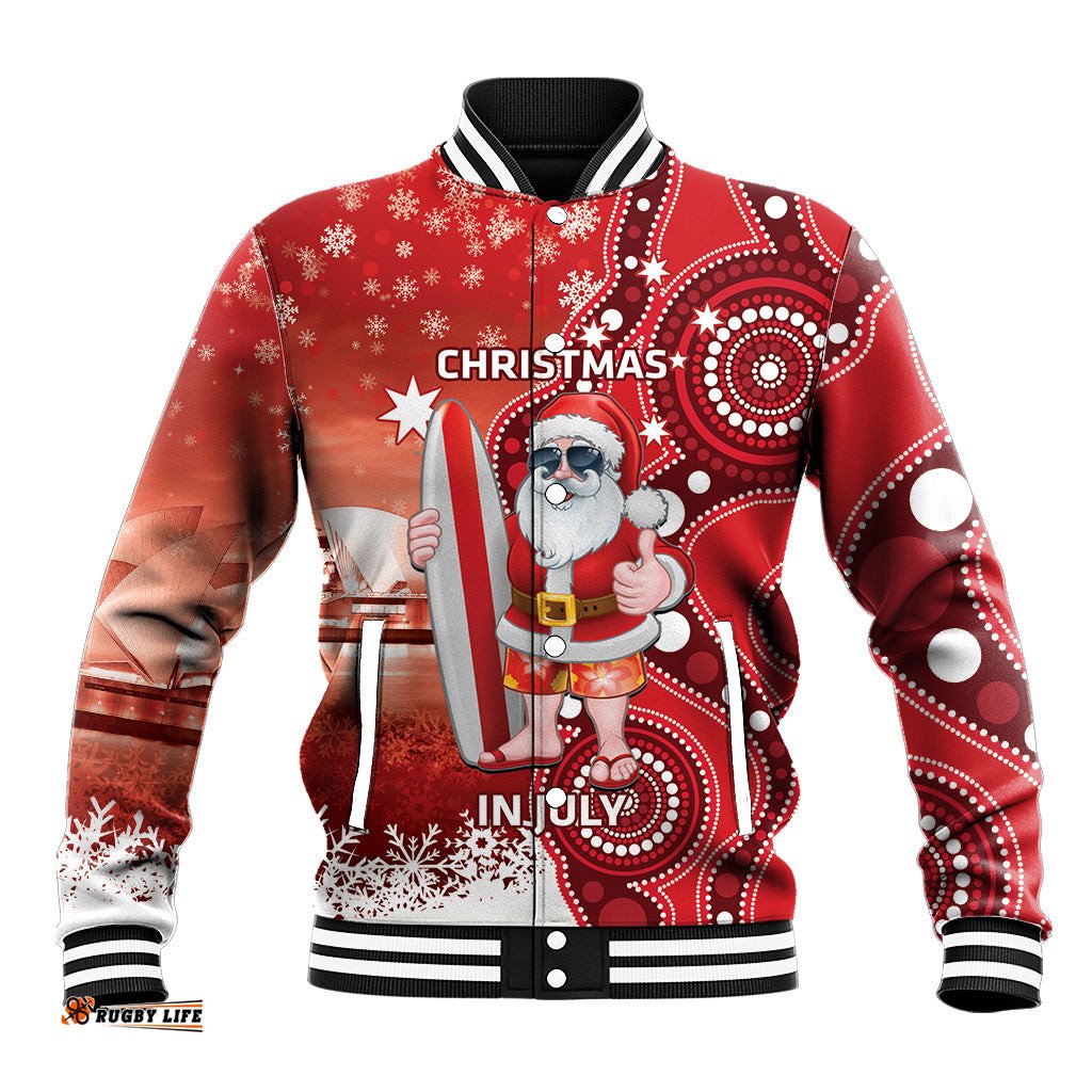 Christmas In July Australia Baseball Jacket Santa Surfboard Sydney Opera House - Red