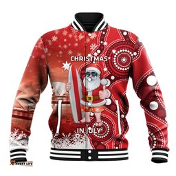 Christmas In July Australia Baseball Jacket Santa Surfboard Sydney Opera House - Red
