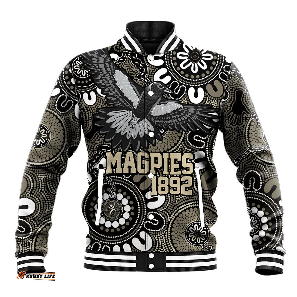 Custom Magpies NAIDOC Week 2024 Baseball Jacket Fire Burning Aboriginal Dots Art