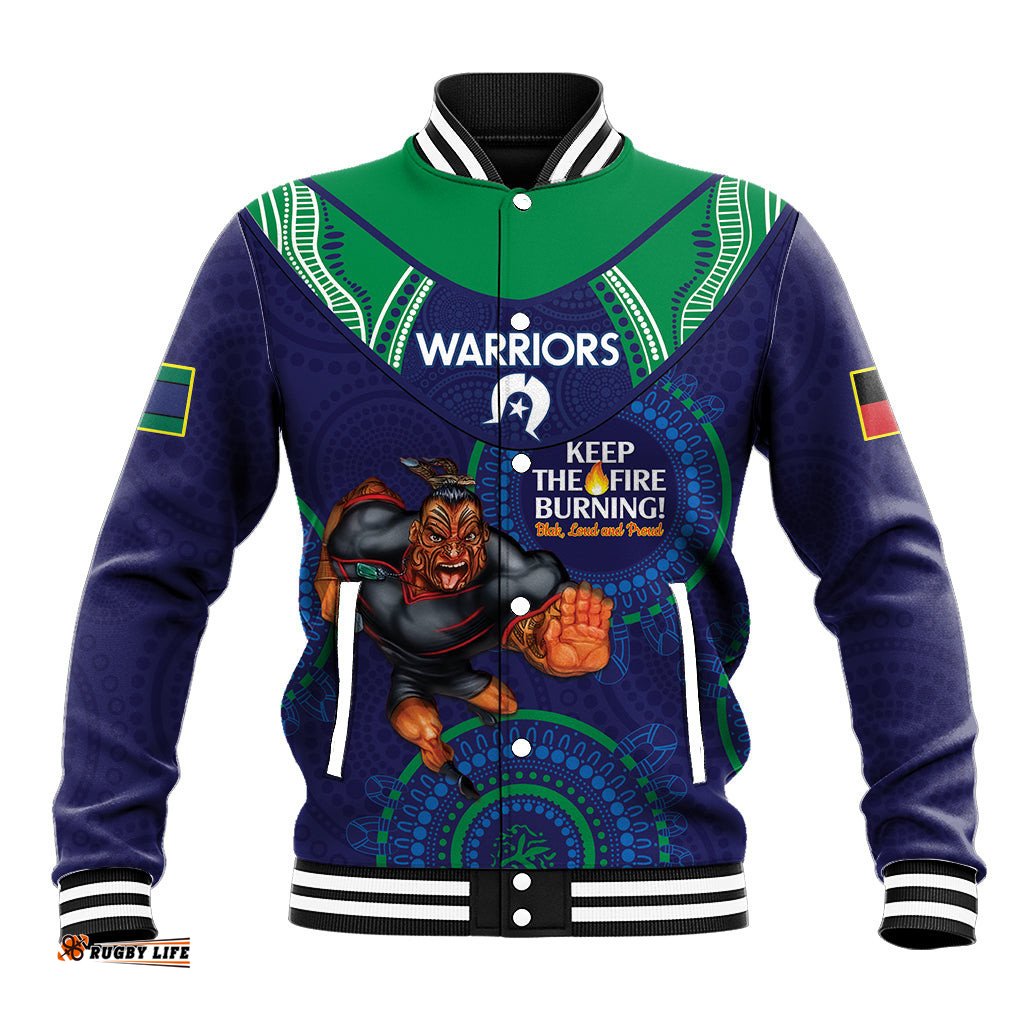 Custom NRL Warriors NAIDOC Week Baseball Jacket Keep The Fire Burning Indigenous Art