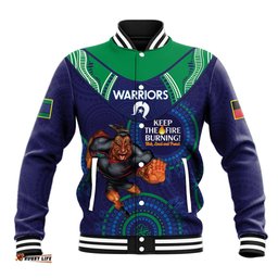 Custom NRL Warriors NAIDOC Week Baseball Jacket Keep The Fire Burning Indigenous Art