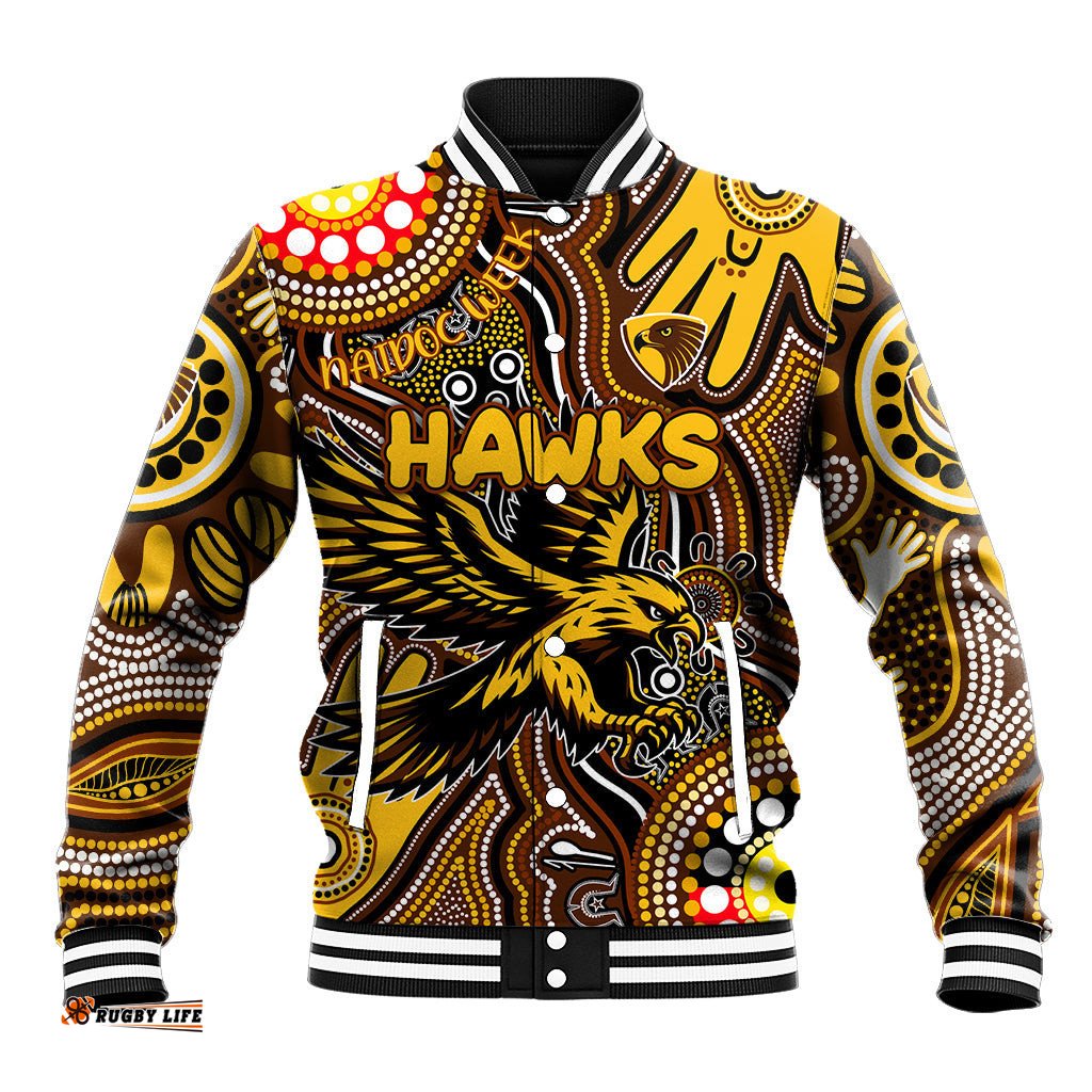 Personalised NAIDOC Week 2024 Hawthorn Hawks Baseball Jacket Australian Aboriginal Hand Painting DT02