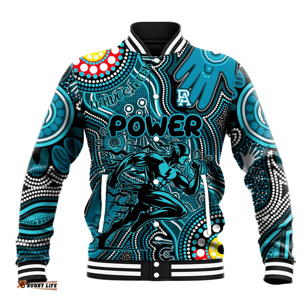 Personalised NAIDOC Week 2024 Port Adelaide Power Baseball Jacket Australian Aboriginal Hand Painting DT02