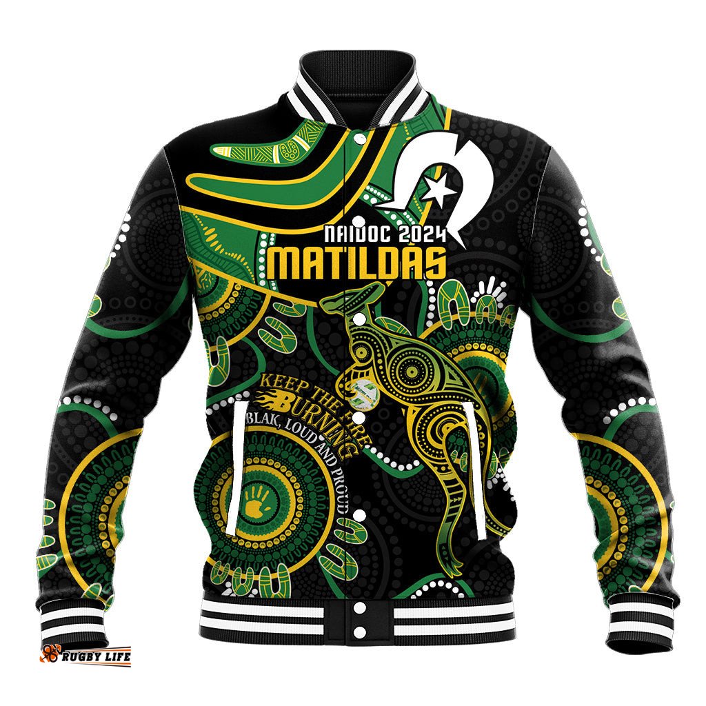 Custom Matildas NAIDOC Week Baseball Jacket Australia Kangaroo Keep The Fire Burning - Black