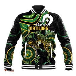 Custom Matildas NAIDOC Week Baseball Jacket Australia Kangaroo Keep The Fire Burning - Black