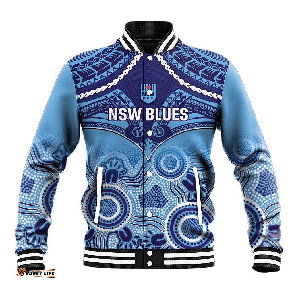 Custom NSW Blues Rugby Baseball Jacket Aboriginal Mix Polynesian Pattern