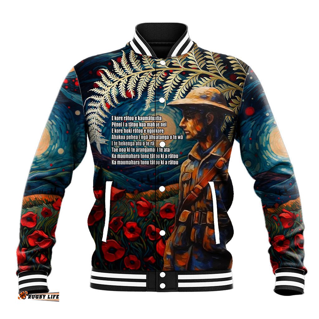 New Zealand Soldier ANZAC Day Baseball Jacket Silver Fern Starry Night Style