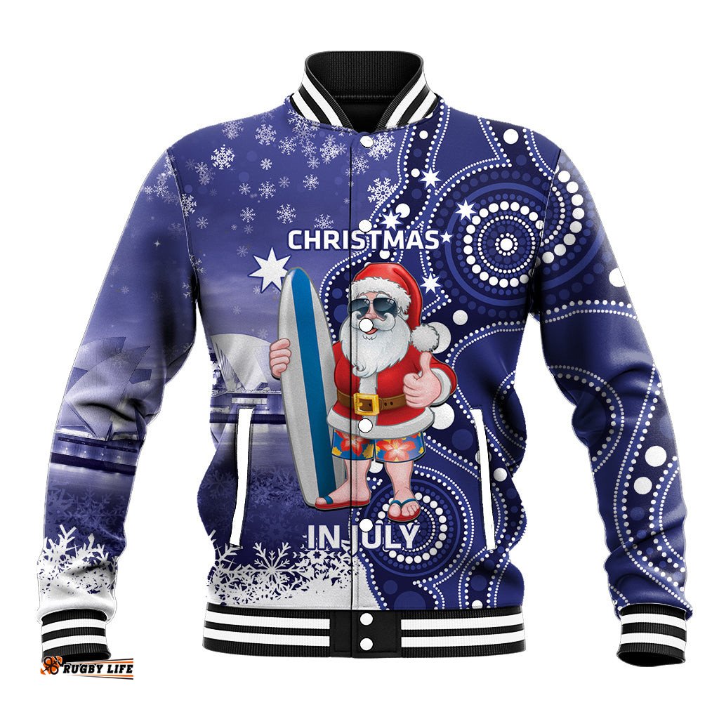 Christmas In July Australia Baseball Jacket Santa Surfboard Sydney Opera House - Blue