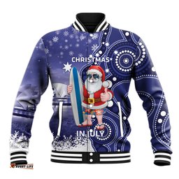 Christmas In July Australia Baseball Jacket Santa Surfboard Sydney Opera House - Blue