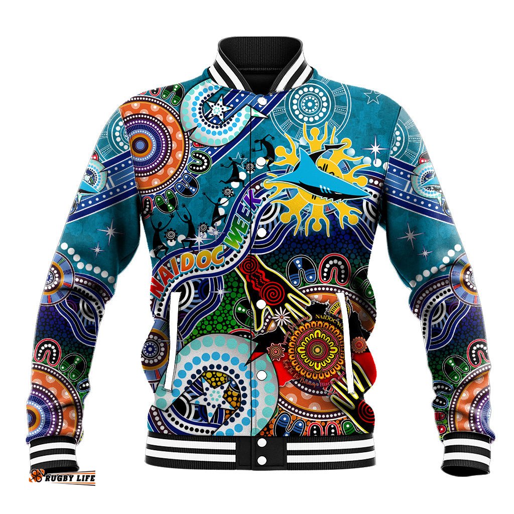 Personalised Sharks NAIDOC Week 2024 Baseball Jacket Australia Aboriginal Dot Painting DT02