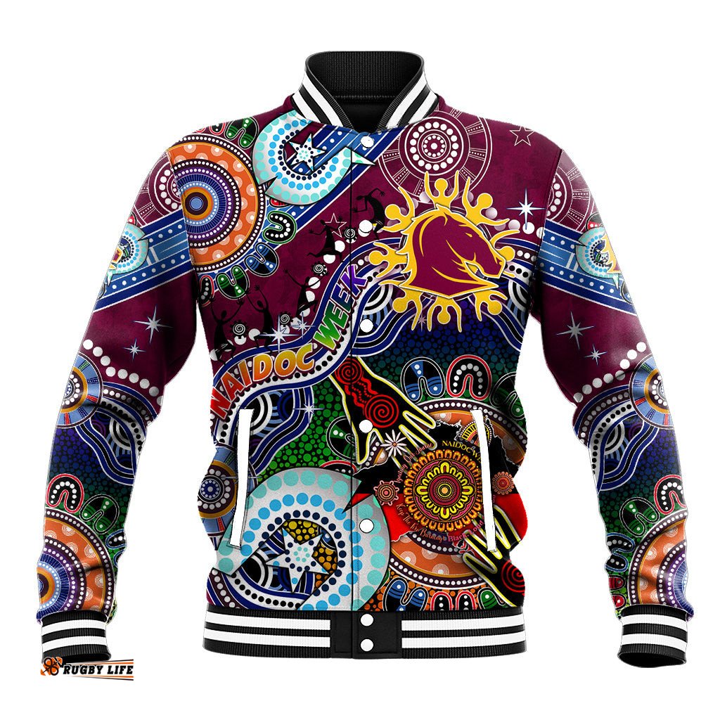Personalised Broncos NAIDOC Week 2024 Baseball Jacket Australia Aboriginal Dot Painting DT02
