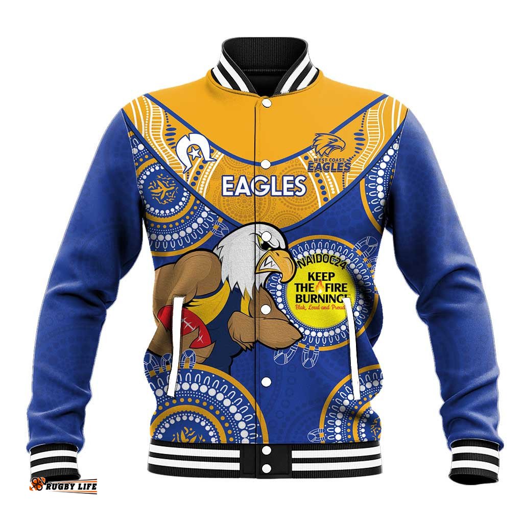 Custom AFL Eagles NAIDOC Week Baseball Jacket Keep The Fire Burning Indigenous Art