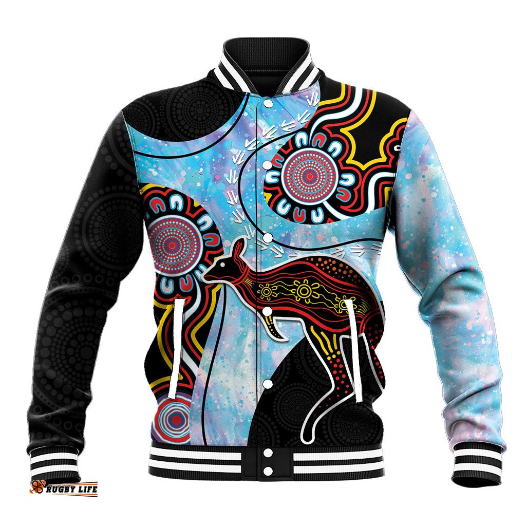 Australia Opal Baseball Jacket Aussie Kangaroo Aboriginal Art