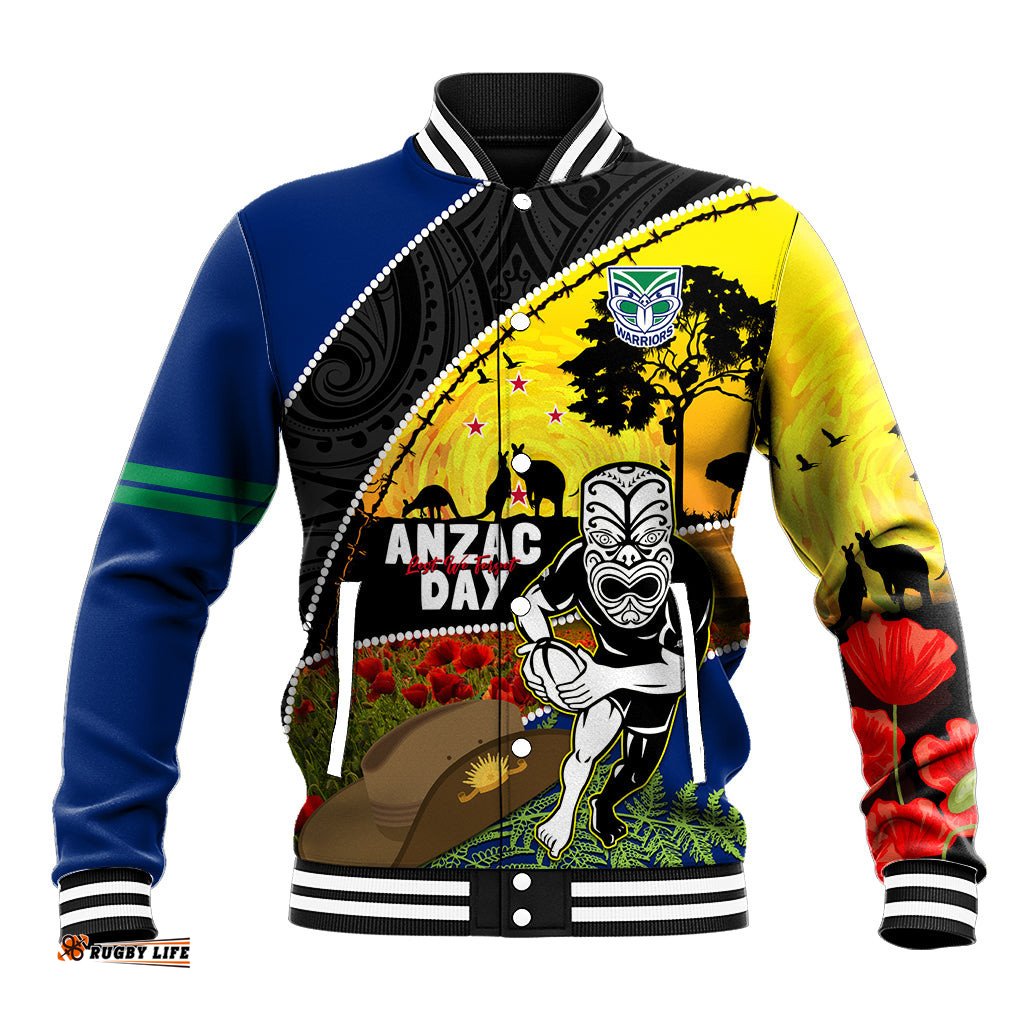 Warriors Rugby ANZAC Day Baseball Jacket New Zealand Wahs Tiki Mascot Rosemary Starry Night