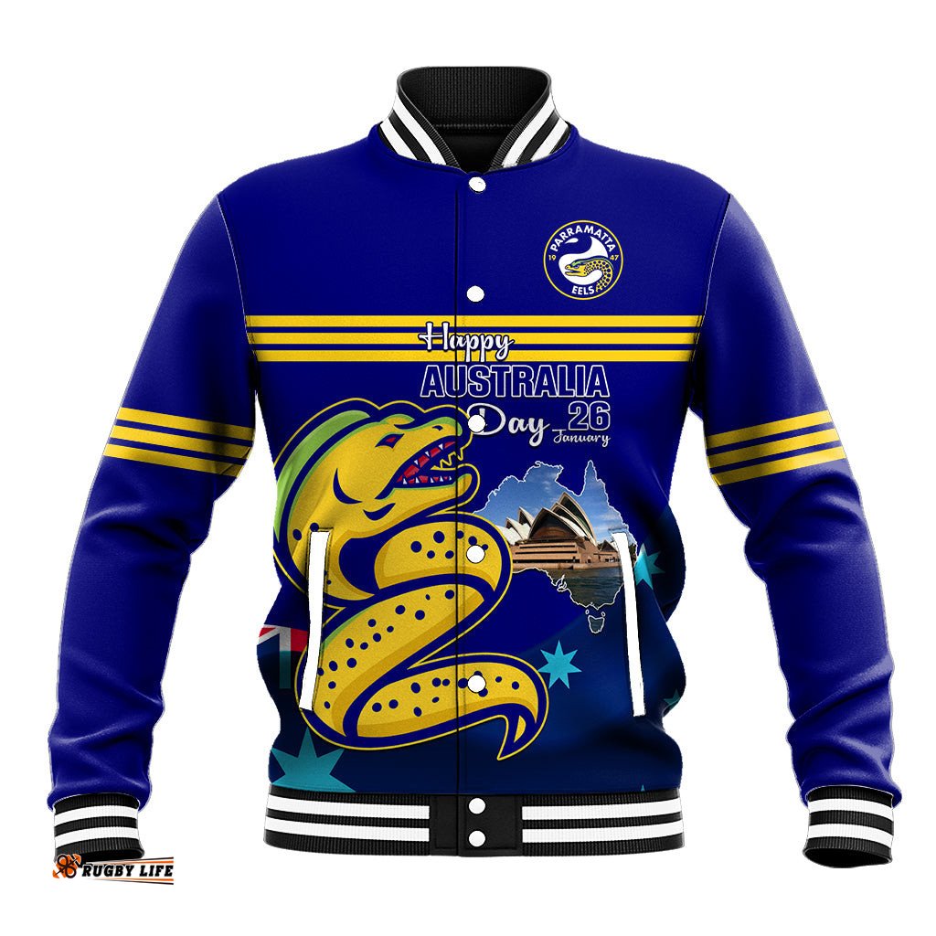Custom Australia Day Eels Baseball Jacket NRL 2024 Sydney Opera House With Map