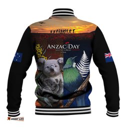 Australia and New Zealand ANZAC Day Baseball Jacket Tui Bird and Koala mix Maori and Aboriginal Pattern