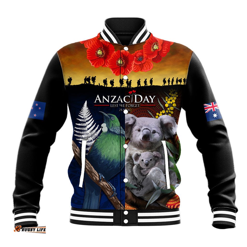 Australia and New Zealand ANZAC Day Baseball Jacket Tui Bird and Koala mix Maori and Aboriginal Pattern
