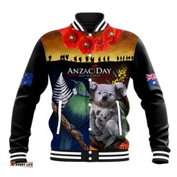 Australia and New Zealand ANZAC Day Baseball Jacket Tui Bird and Koala mix Maori and Aboriginal Pattern