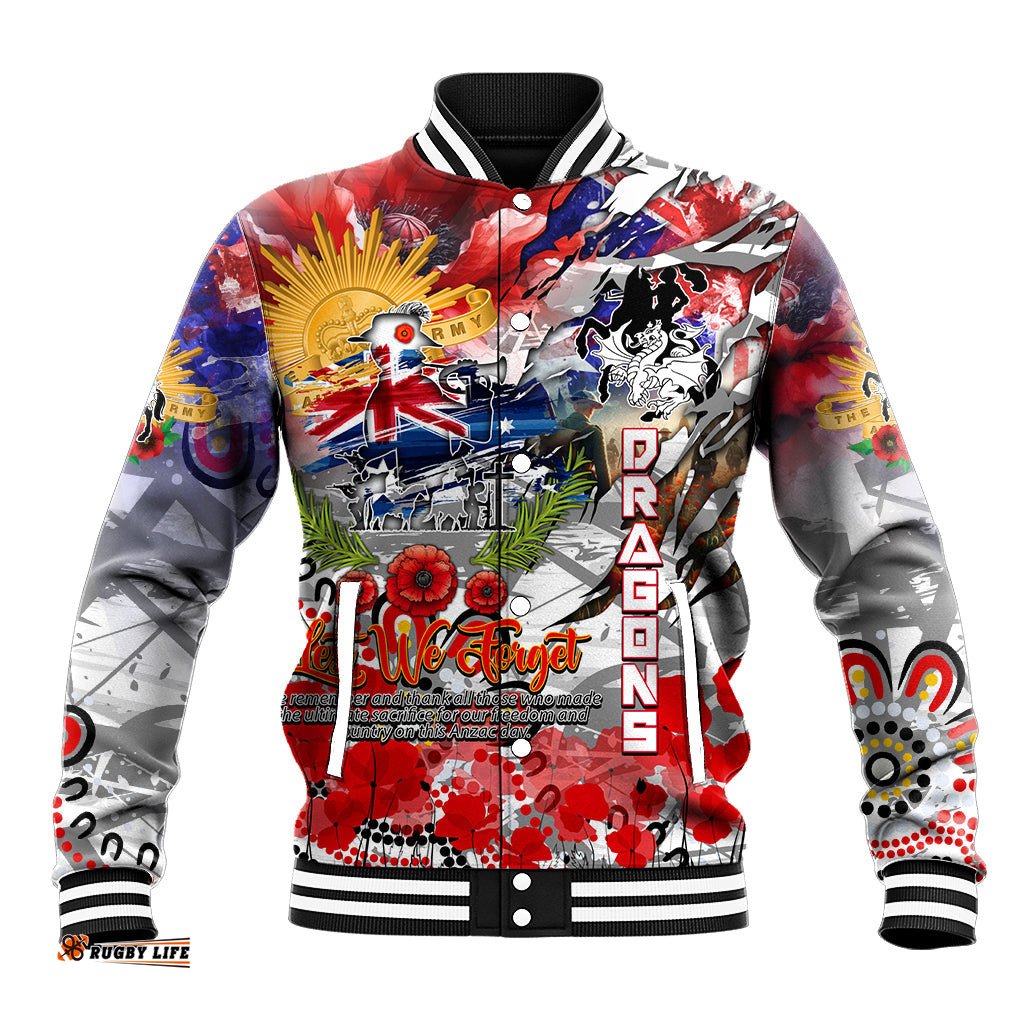 Personalised Australia Rugby Dragons ANZAC Baseball Jacket St George Illawarra Scratch Style DT02