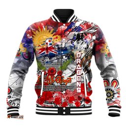 Personalised Australia Rugby Dragons ANZAC Baseball Jacket St George Illawarra Scratch Style DT02
