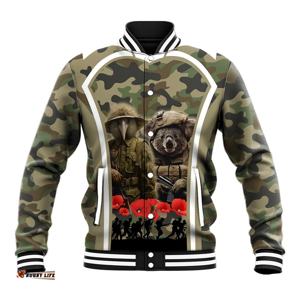 New Zealand and Australia ANZAC Day Baseball Jacket Koala and Kiwi Bird Soldier Gallipoli Camouflage Style