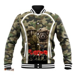 New Zealand and Australia ANZAC Day Baseball Jacket Koala and Kiwi Bird Soldier Gallipoli Camouflage Style